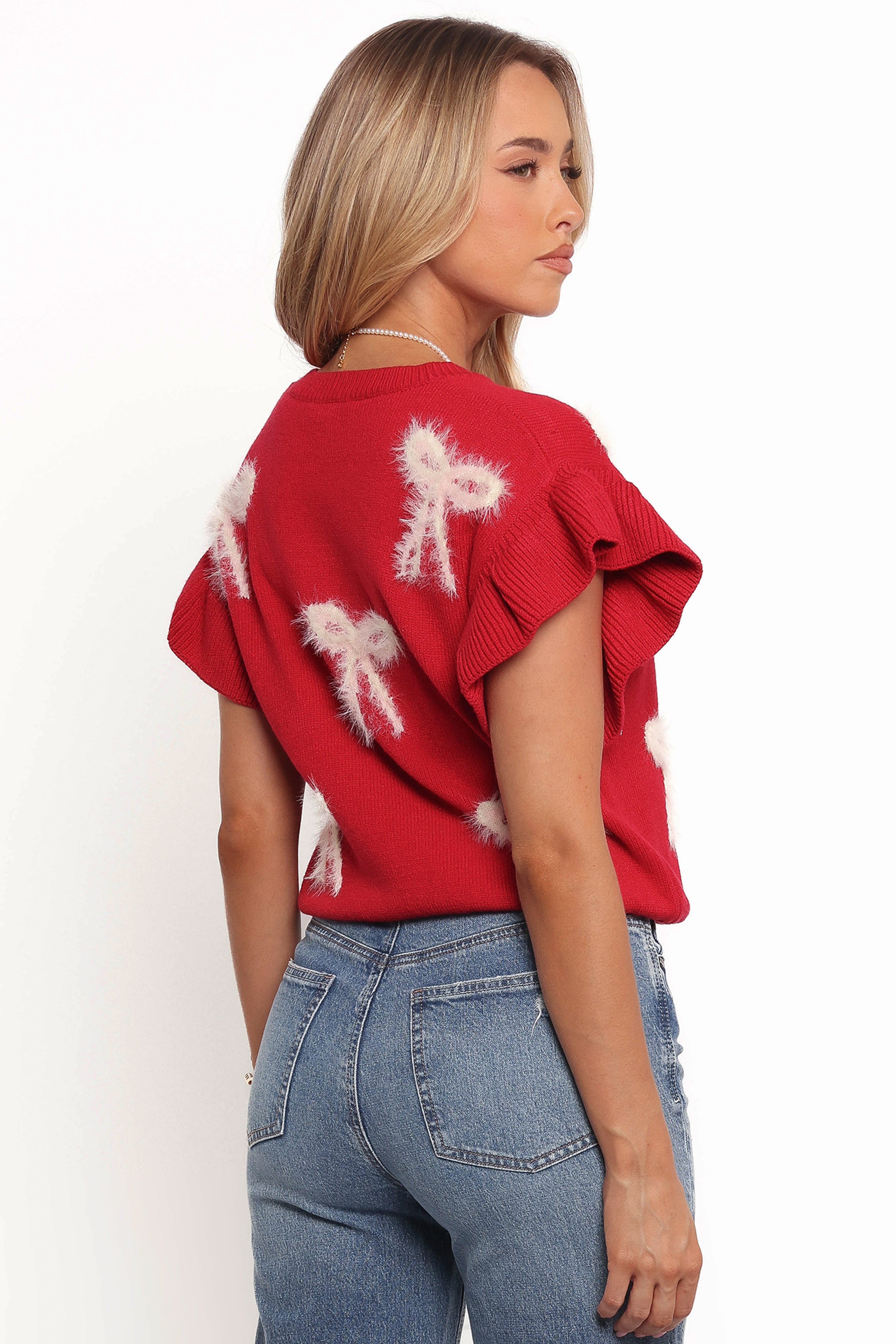 Cherish Ruffle Sleeve Bow Knit Sweater for Women - Soft Red Pullover Top | Perfect for Fall Fashion, Date Nights & Holiday Outfits