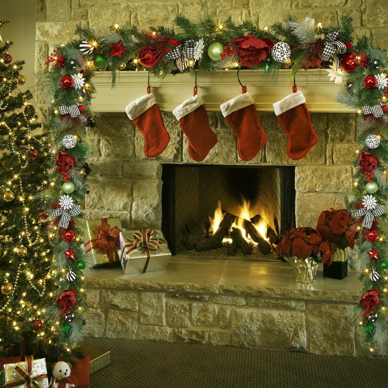 Adeeing 6 FT Christmas Garland with 20 LED Battery Operated Lights - Outdoor Holiday Decor with Stars, Flowers & Berry Branches (Red & Green) - Perfect for Doorways, Mantels & Holiday Party Decorations