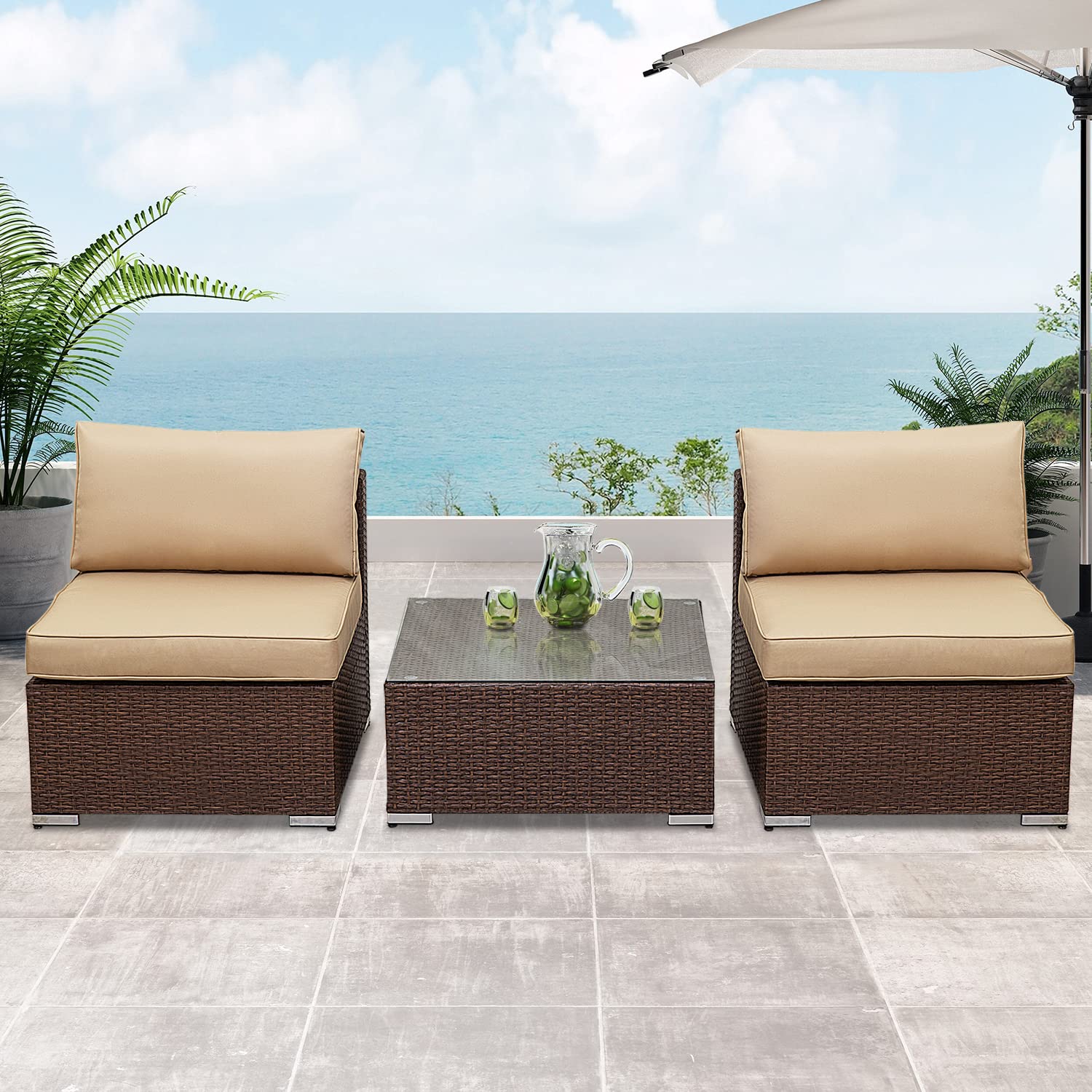 Auzfy 3-Piece Patio Furniture Set - Wicker Outdoor Sofa with Armless Chairs & Coffee Table - Weather-Resistant Brown & Beige Deck Garden Poolside Balcony Furniture for Relaxing Outdoors