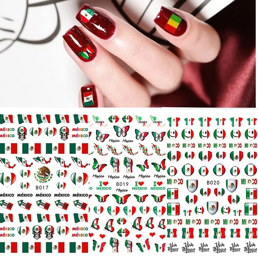 Mexican Flag Nail Stickers - 3D Self-Adhesive Nail Art for DIY Manicure & Party Decor