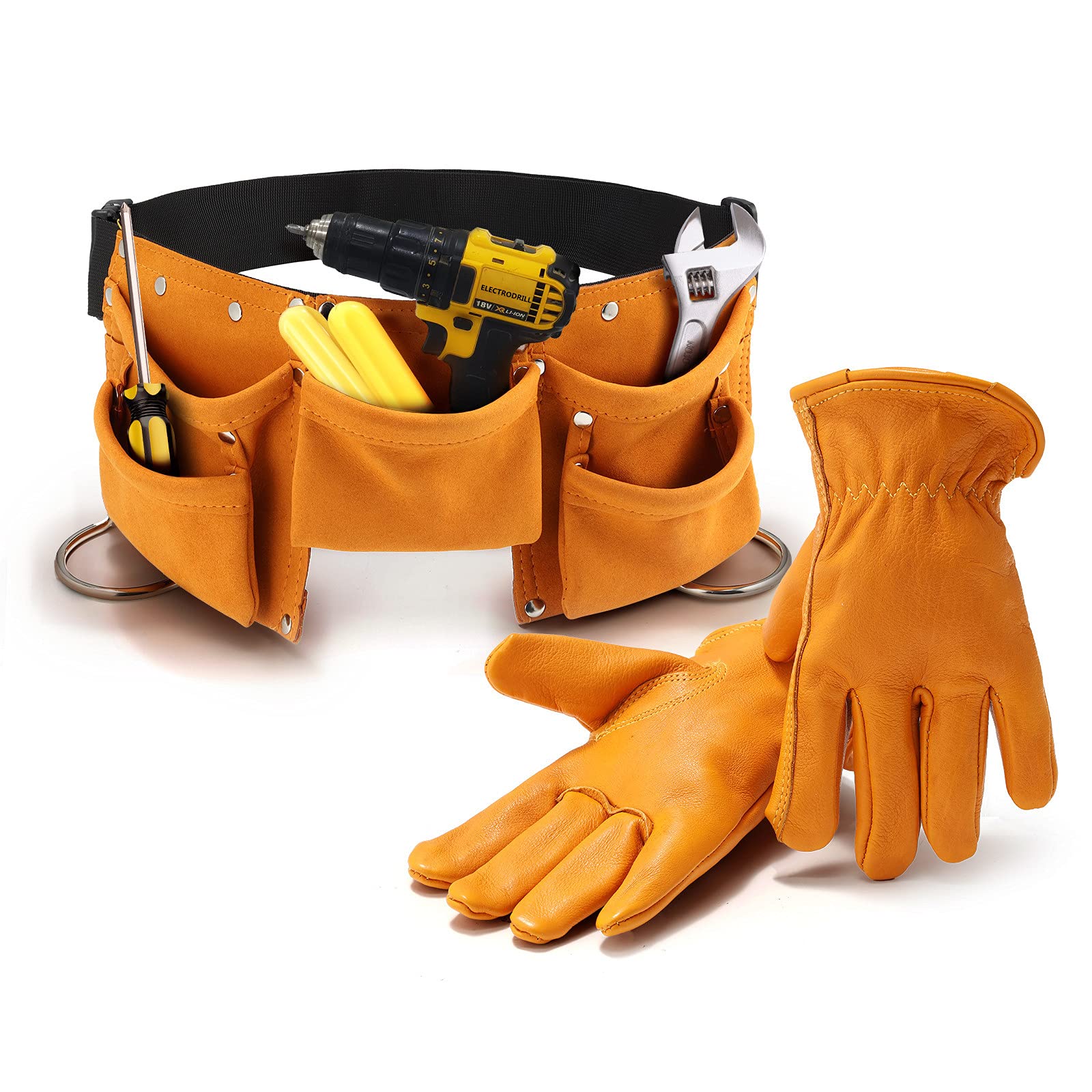 Adjustable Leather Tool Belt with Work Gloves Set for Men & Women - Perfect for Wood Cutting, Construction, Truck Driving, Gardening & Yard Work (Small Size) - Durable & Comfortable for DIY Projects & Professional Use