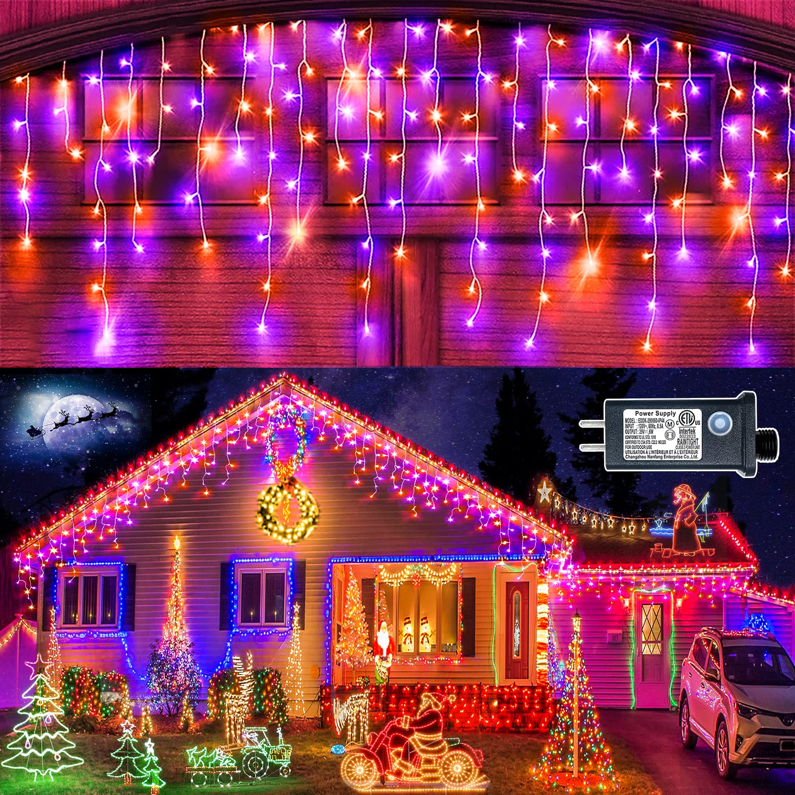 400LED 33FT Outdoor Christmas Icicle Lights - Waterproof Plug-in Hanging String Lights with 8 Modes & Timer Memory Function for Holiday Decor (Purple & Orange) | Perfect for Roof, Garden, Patio, and Indoor Christmas Tree Decoration