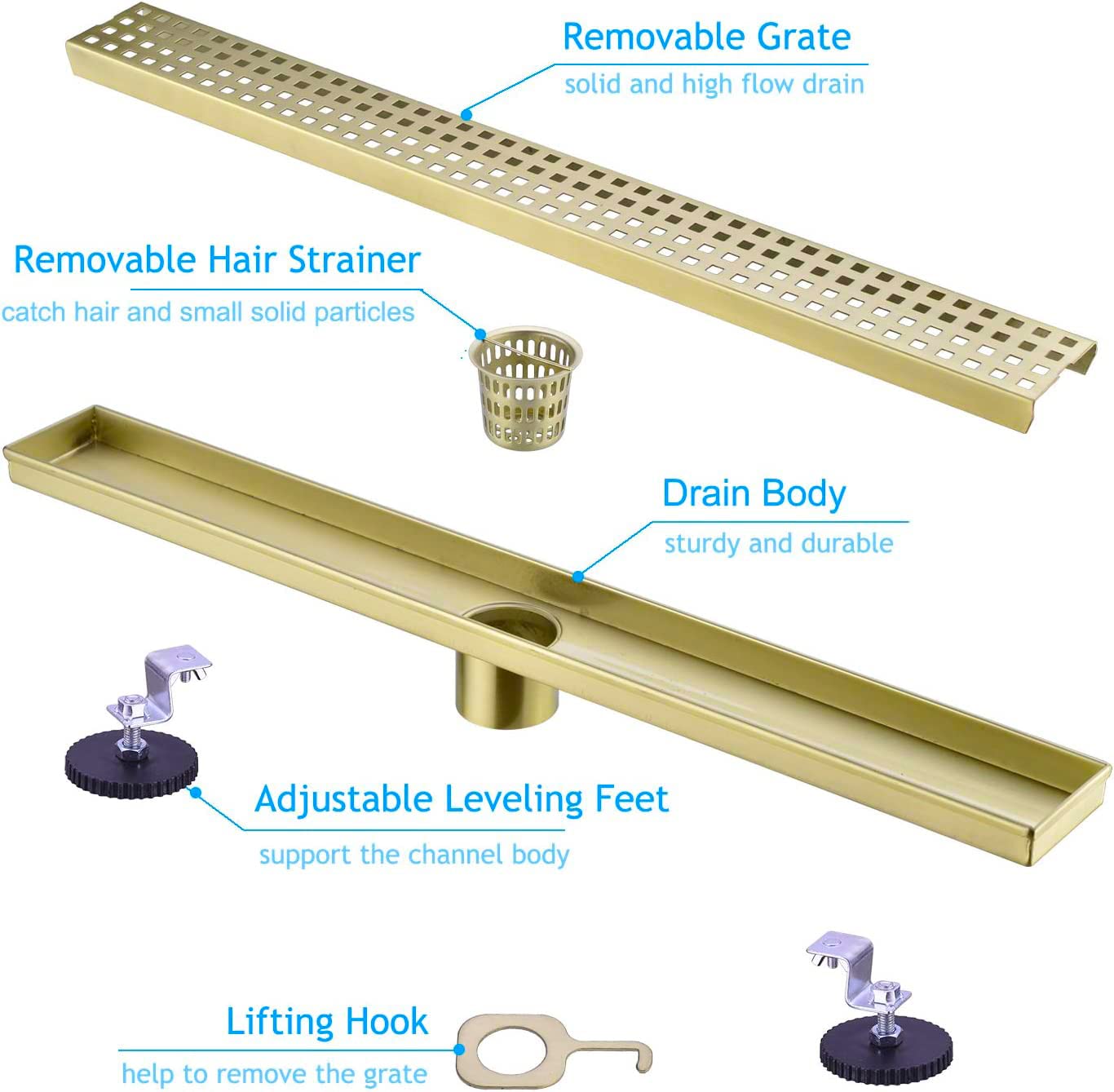 16 Inch Linear Shower Drain with Removable Cover - SUS304 Stainless Steel Rectangular Floor Drain with Adjustable Leveling Feet & Hair Strainer - Brushed Gold Finish for Modern Bathroom & Wet Room Installation