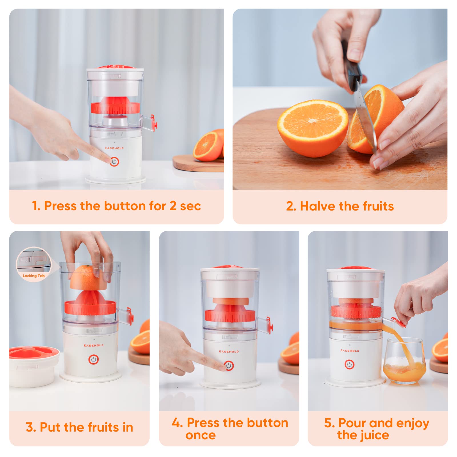EASEHOLD Electric Citrus Juicer - Rechargeable USB Portable Orange/Lemon/Lime/Grapefruit Squeezer with 2 Juicer Cones | Hands-Free Automatic Fruit Juicer for Kitchen, Breakfast, Bar, Restaurant & Outdoor Use