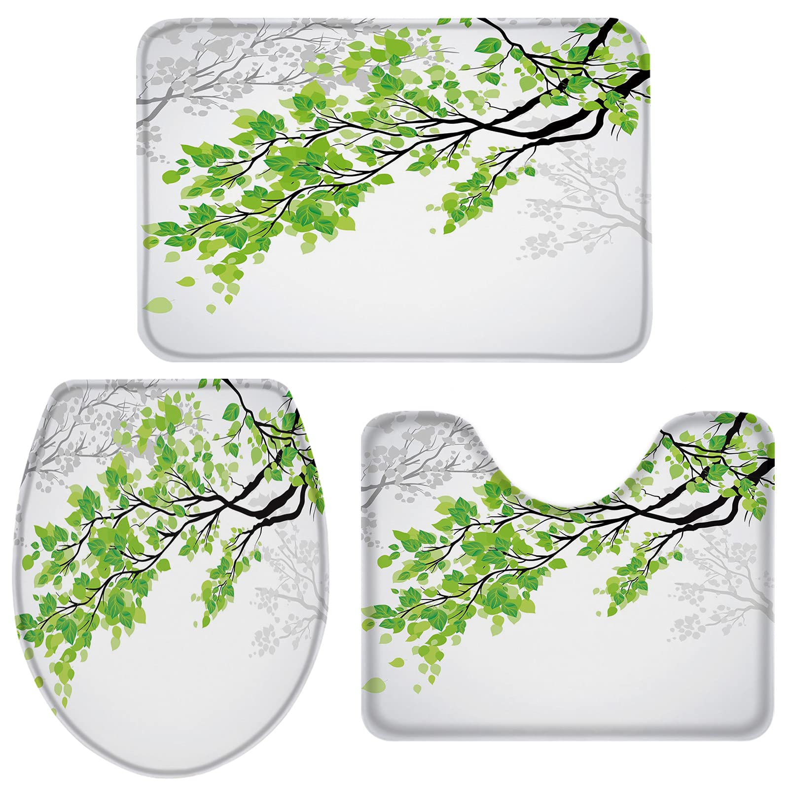 3-Piece Green Leaves Branch Art Bathroom Rug Set - Non-Slip Shower Mat, Contour Mat & Toilet Cover | Soft Absorbent Bath Mats for Bathroom Safety & Style | Perfect for Modern Home Decor