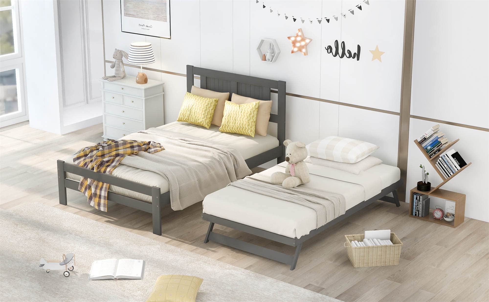 Full Size Wooden Platform Bed Frame with Adjustable Trundle & Headboard - Easy Assembly Mattress Foundation in Gray - Perfect for Guest Rooms, Kids' Rooms & Small Spaces