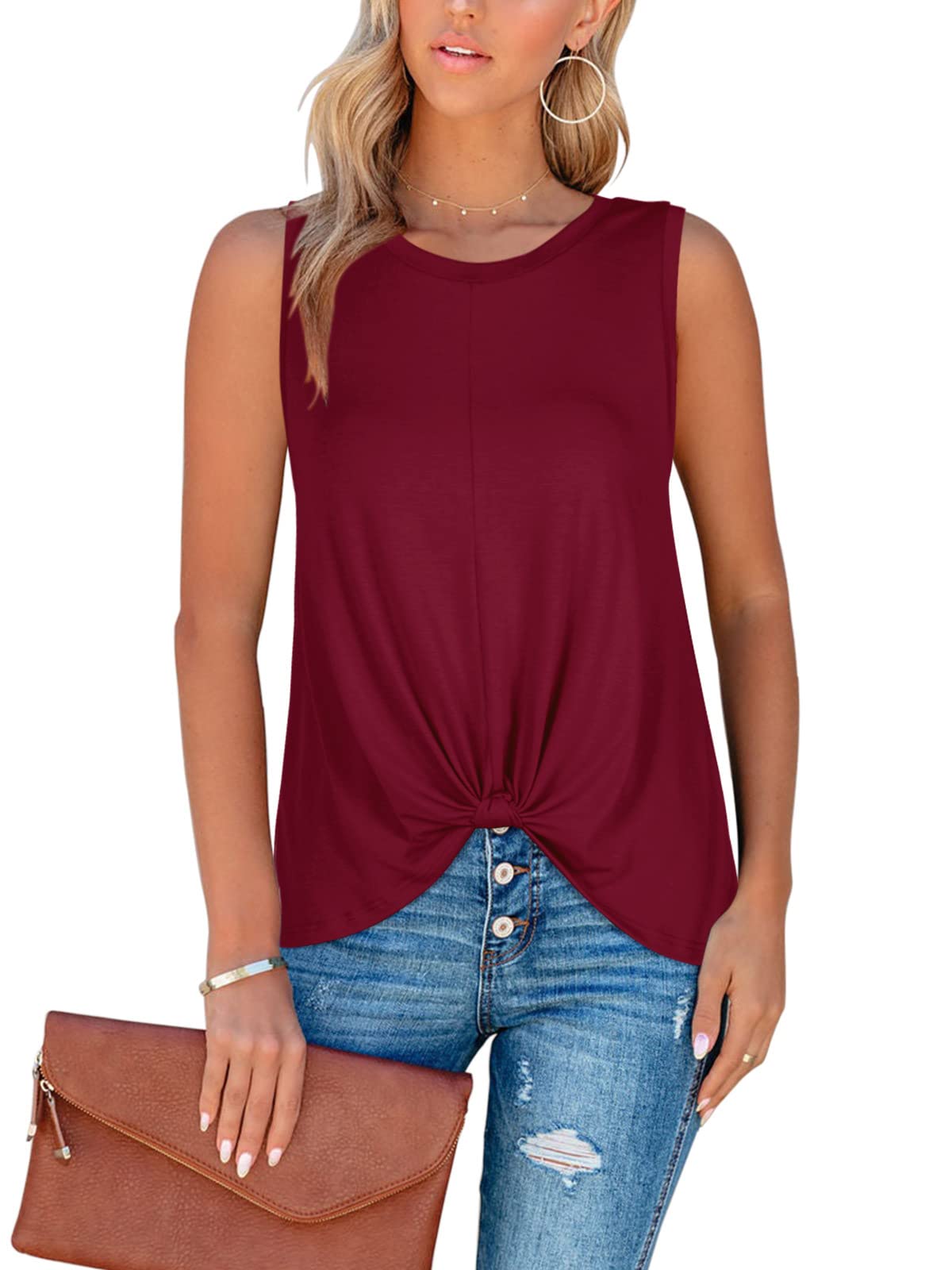 Berryou Women's Sleeveless Tie Knot Front Tank Top - Solid Color Round Neck Loose Fit Casual Shirt for Summer, Beach, Yoga & Everyday Wear