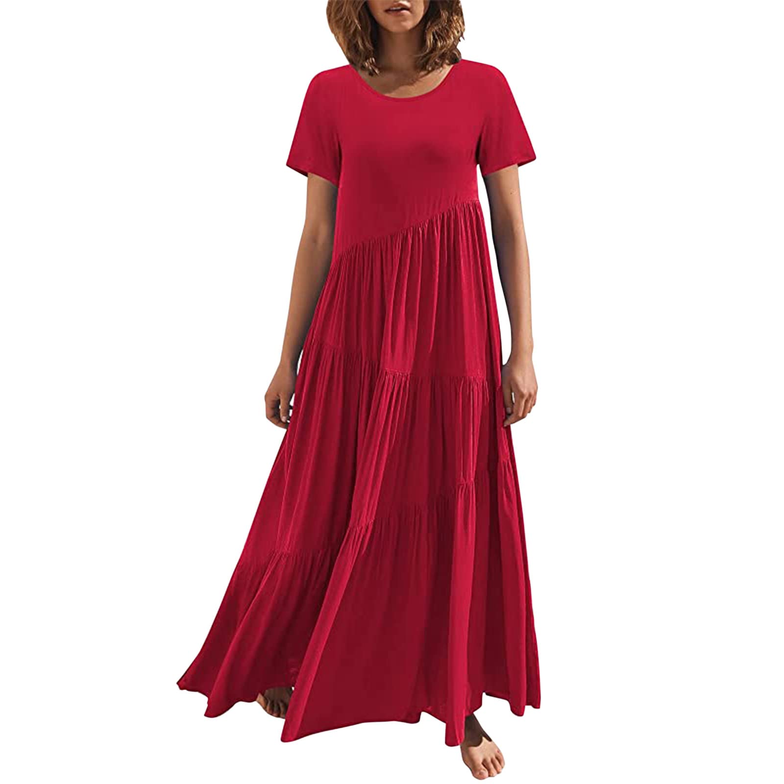 Women's Floral Tiered Maxi Dress - Casual Short Sleeve Babydoll Summer Dress for Beach, Vacation & Outdoor Parties | Plus Size Options Available