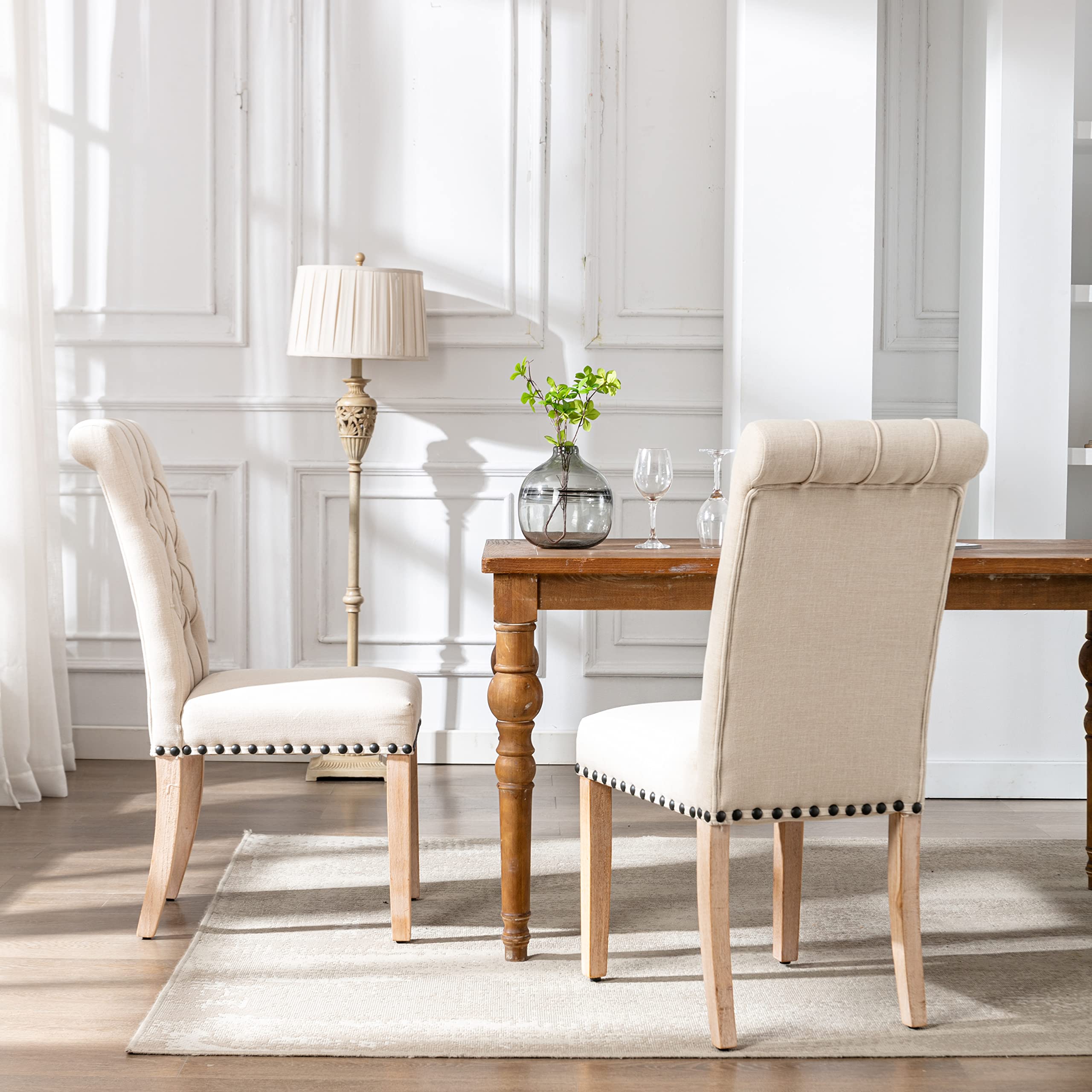 Premium Linen Dining Chairs Set of 2 - Thick Tufted Upholstery with Antique Brass Nail Trim - Elegant Beige Kitchen Chairs for Dining Room, Breakfast Nook & Farmhouse Decor