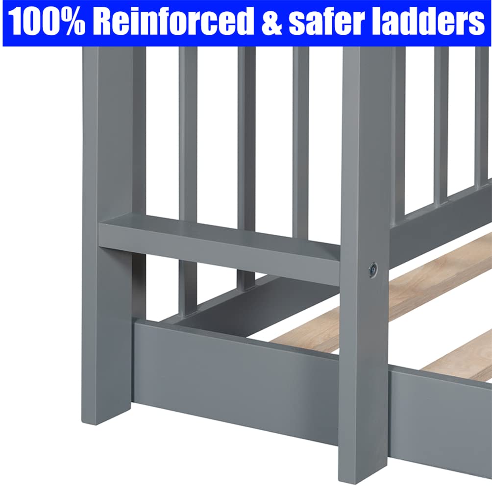 Sturdy Triple Bunk Bed with Slide for Kids - Gray Solid Wood | Space-Saving for Small Rooms