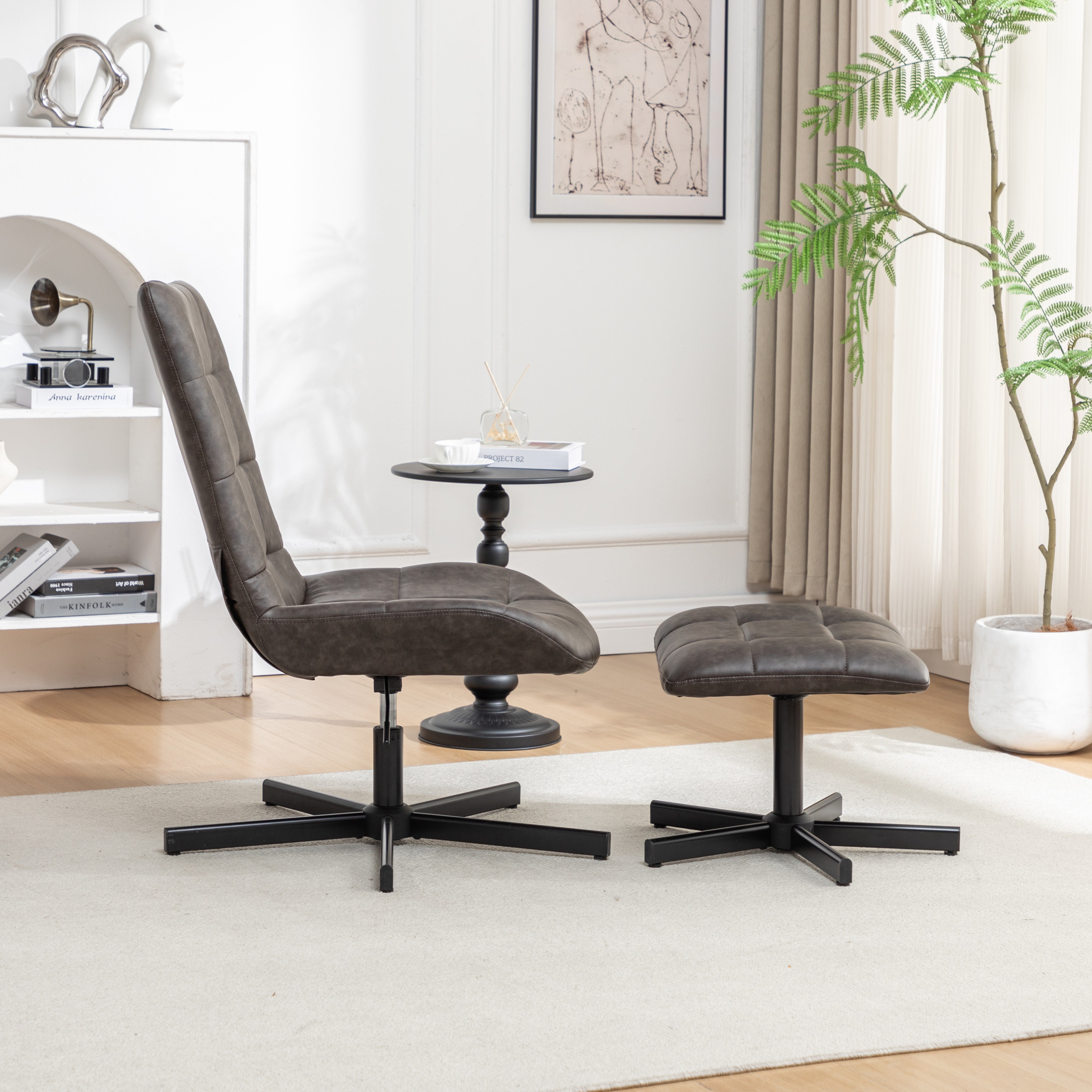Roundhill Furniture Arlena Faux Leather Tufted Accent Chair with Ottoman Set - Modern Living Room Seating for Home Office, Bedroom or Lounge Area
