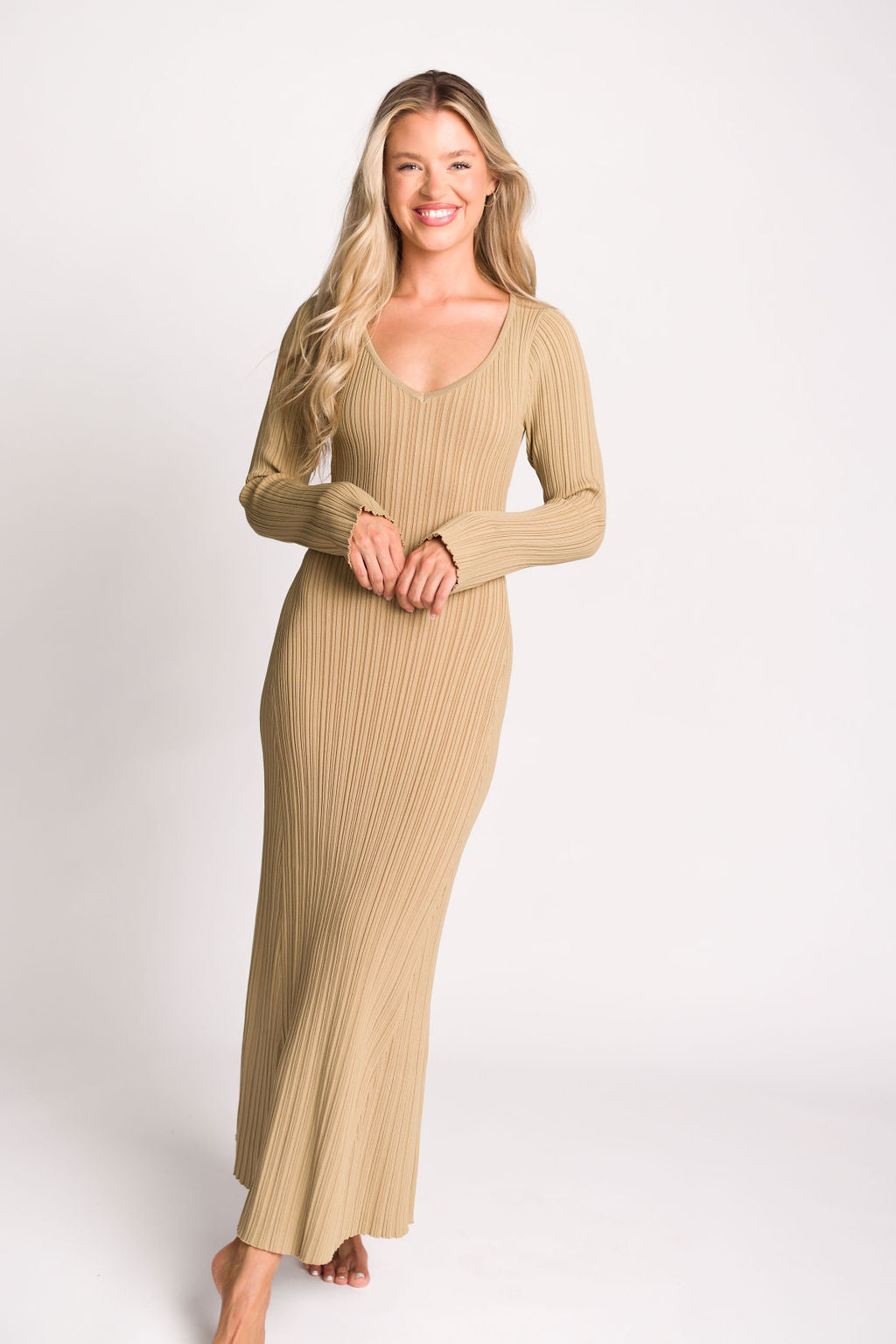 Keaton Knit Maxi Dress with V Neckline in Beige - Elegant Flowy Long Dress for Women, Perfect for Summer, Beach, Wedding & Casual Wear