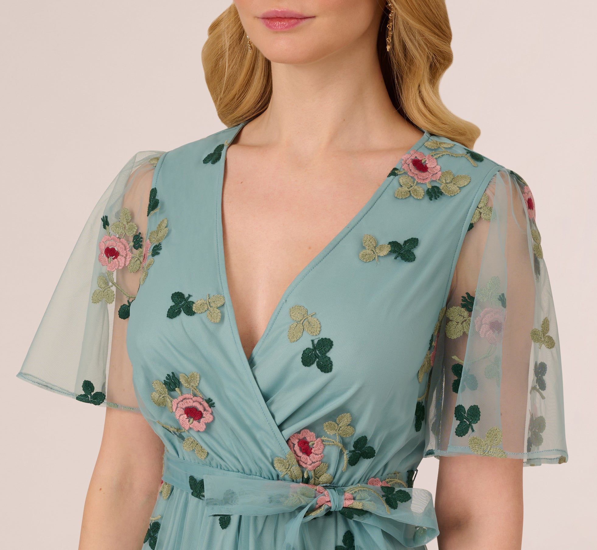Flutter Sleeve Surplice Embroidered Midi Dress - Slate Multi Color Boho Chic Women's Dress for Summer, Beach, Wedding & Special Occasions