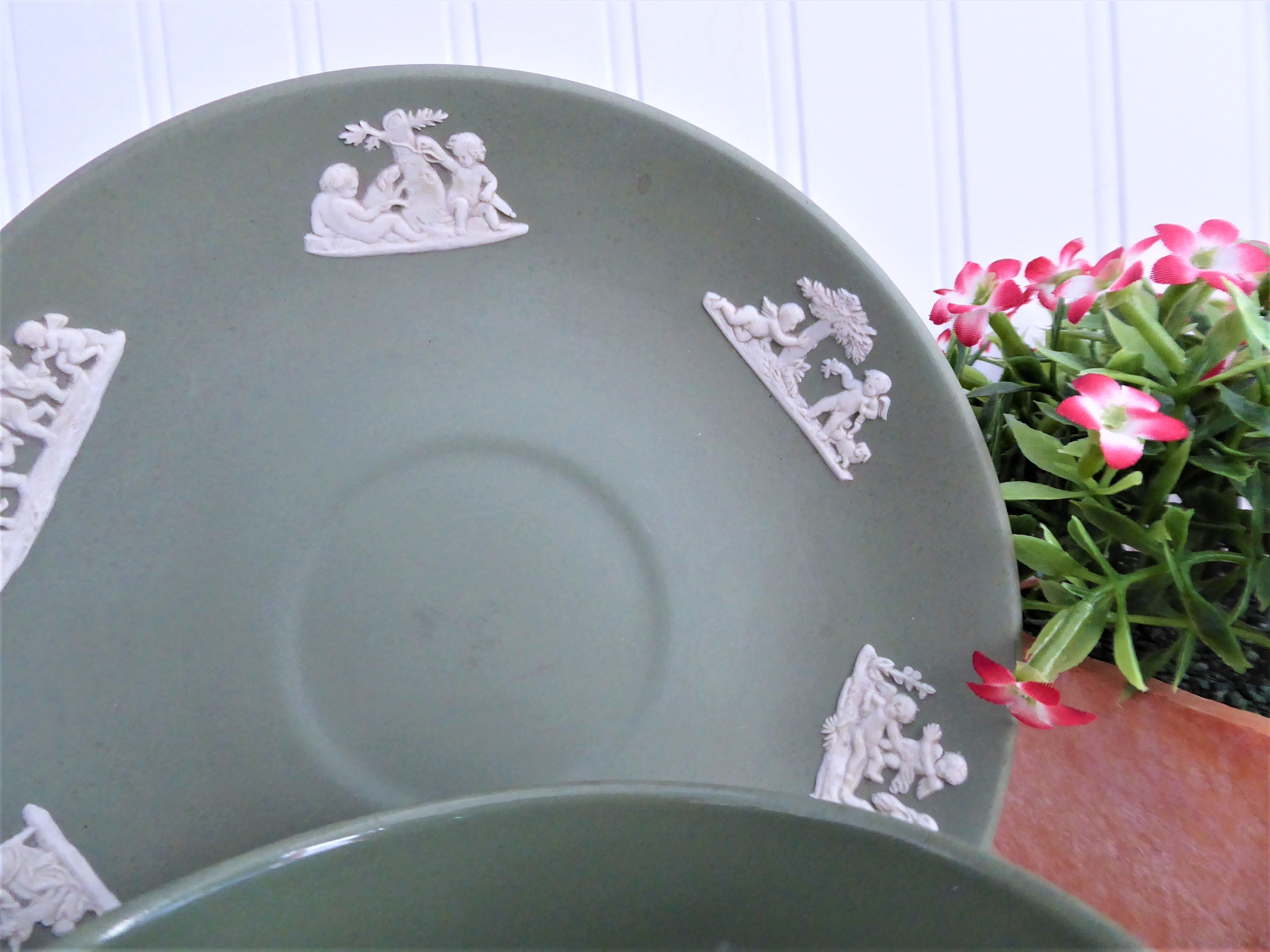 Vintage Wedgwood Green Jasperware Cup and Saucer Set with Cherub Sacrifice Figures - Made in England 1970s - Perfect for Tea Time, Collectible Display, and Wedgwood Enthusiasts
