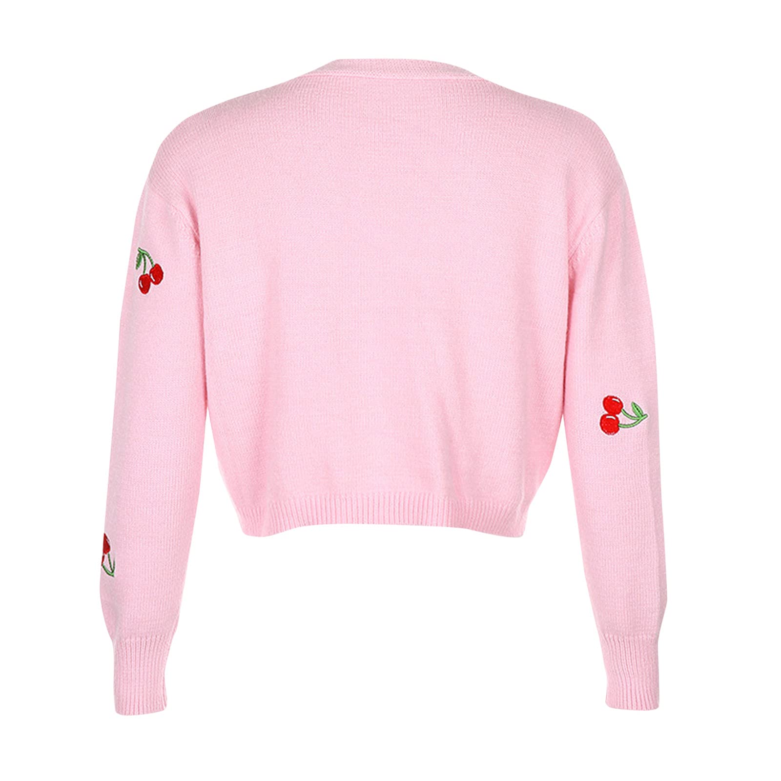 Women's Cropped V-Neck Cardigan Sweater with Cherry Embroidery - Long Sleeve Lightweight Knit Top for Casual Outfits & Spring Layering