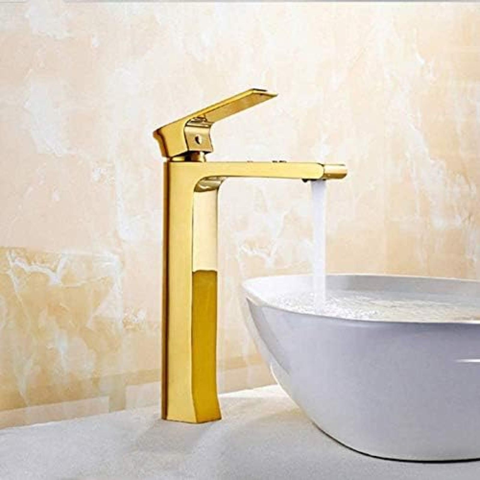 Luxury Golden Single Lever Deck Mounted Kitchen Faucet - Long Neck Hot and Cold Water Mixer Tap for Vessel Sink | Modern Bathroom & Kitchen Upgrade | Perfect for Home Renovation and Stylish Interior Design