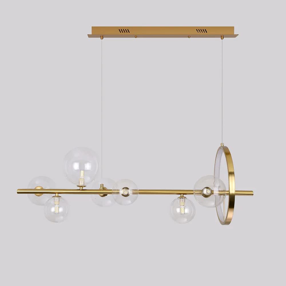 LOVEDIMA Gold Linear Lantern Pendant Lighting - Modern 7-Light Metal Kitchen Island Chandelier with Glass Globe Shade | Hanging Ceiling Light Fixture for Dining Room, Foyer & Farmhouse Decor