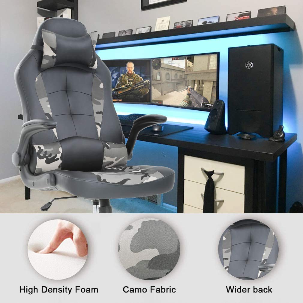 DKELI Ergonomic Gaming Chair - High Back Office Chair with Lumbar Support, Flip-Up Arms & Headrest - PU Leather Computer Desk Chair for Home & Office Use - Perfect for Gaming, Working & Studying
