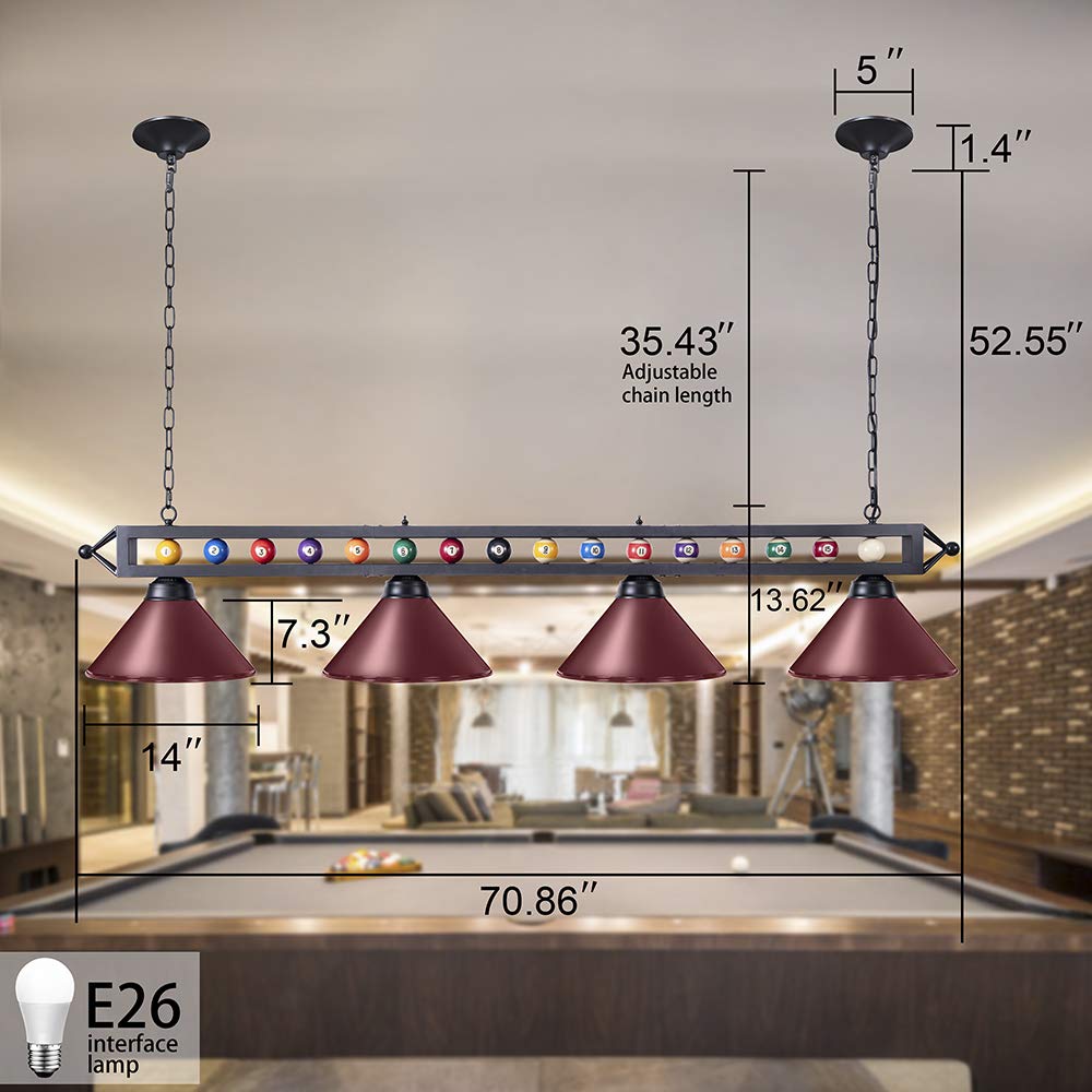 Wellmet 70'' Billiard Table Light - 4-Light Industrial Hanging Fixture for Pool Tables, Game Rooms & Kitchen Islands | Durable Lighting for Home Bars, Man Caves & Entertainment Spaces