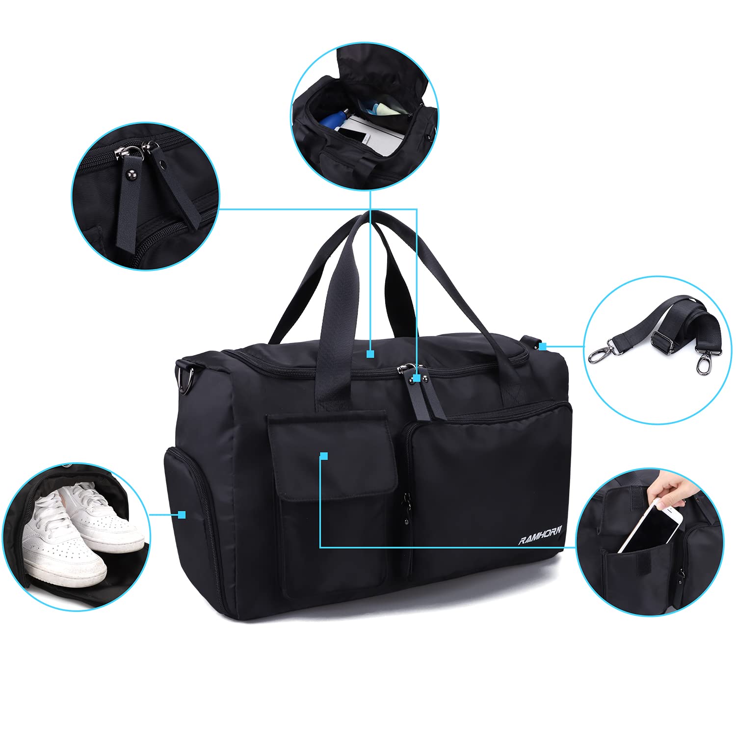 RAMHORN Waterproof Travel Duffel Bag - Gym & Sports Luggage with Wet Pocket & Shoe Compartment - Ideal for Weekend Trips, Workouts & Outdoor Adventures (Black)