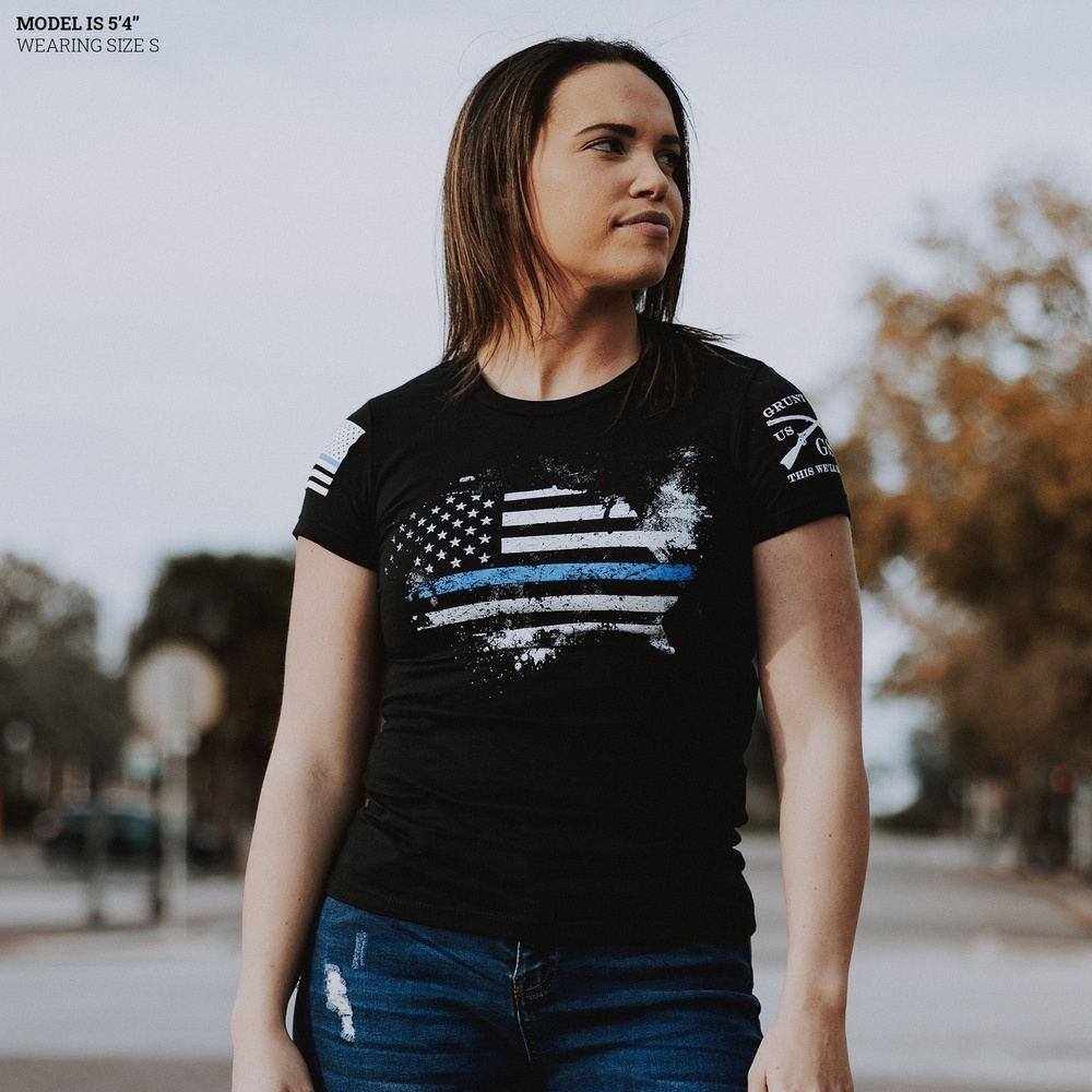 Women's Blue Line American Flag Acid Wash Slim Fit T-Shirt - Black | Patriotic Casual Wear for Everyday & 4th of July Celebrations