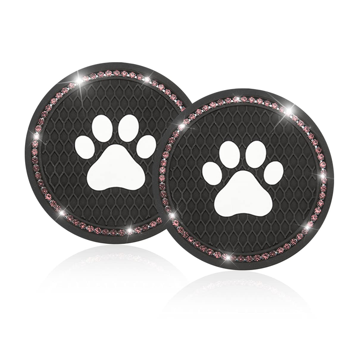 2PCS Universal Bling Car Cup Coaster Set - Rhinestone Dog Paw Design Car Accessories (2.75 Inch) - Non-Slip Cup Holder Insert Mat Pad for Most Vehicles - Perfect for Coffee, Drinks & Road Trips (Black/Pink)