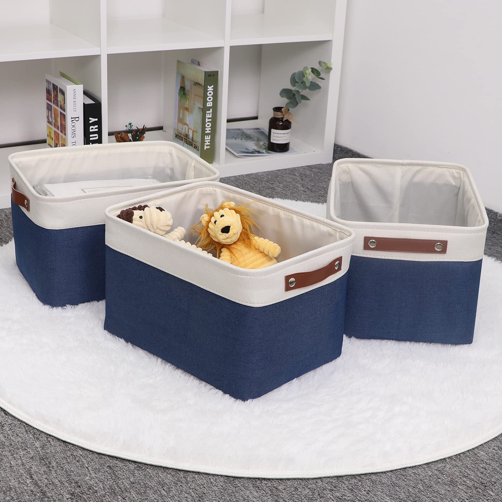 HNZIGE 3-Pack Large Fabric Storage Baskets with Leather Handles - 15