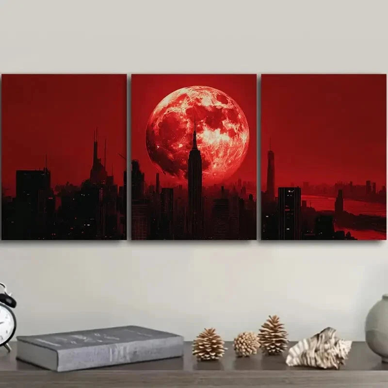 3-Piece Big Red Moon Cityscape Wall Art Set - Framed Canvas Prints 40x60cm (16x24in) - High Quality Australian Made Wall Decor - Perfect for Living Room, Bedroom & Office Decor