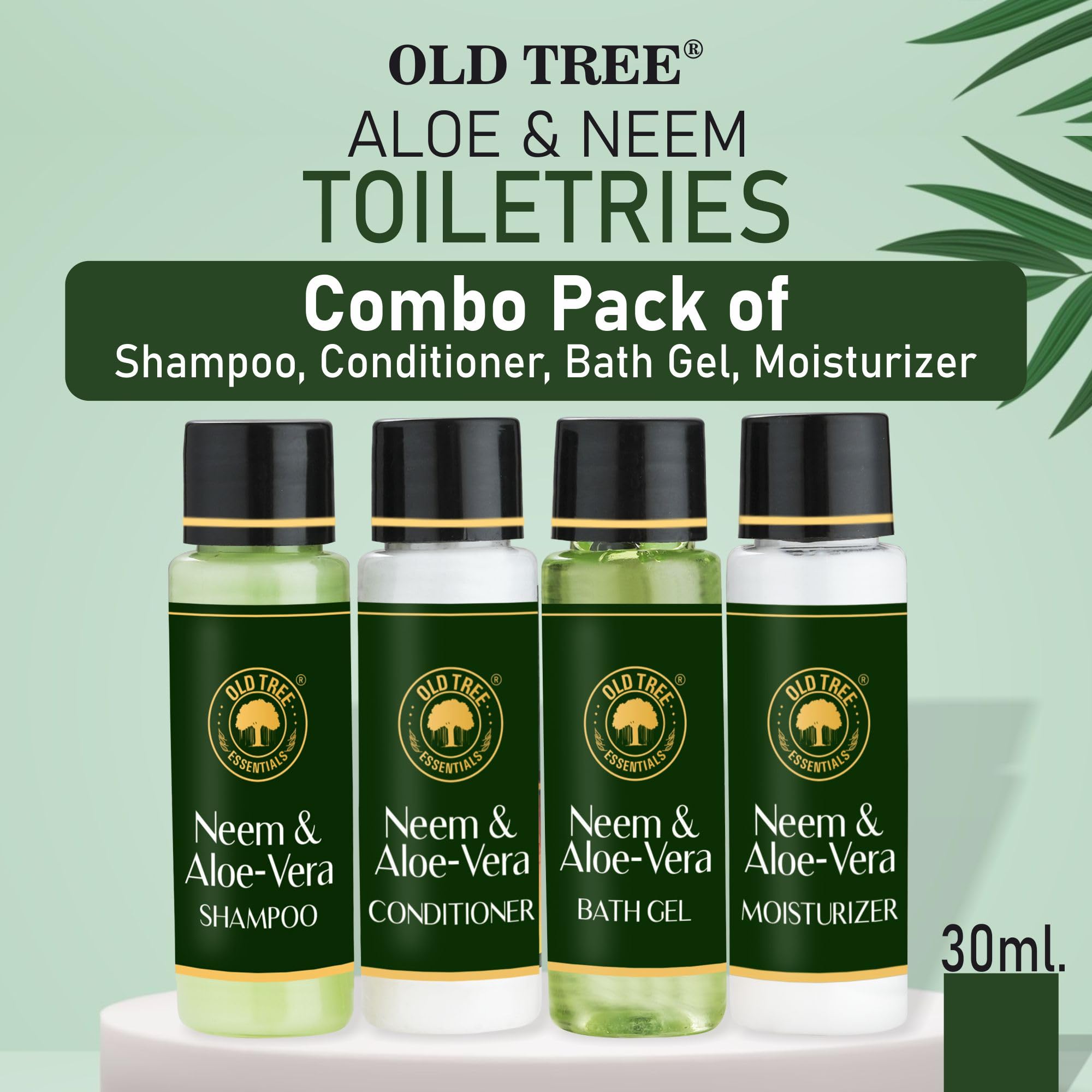 Organic Neem & Aloe Vera Travel Toiletries Set - 30ml Shampoo, Conditioner, Body Wash & Lotion (Pack of 25-100) | Natural Hair & Skin Care for Men & Women | Perfect for Hotels, Gyms, Travel & On-the-Go Hygiene