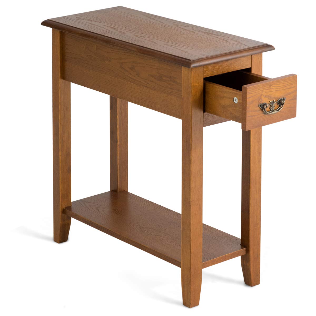 Tangkula Narrow End Table with Drawer & Open Shelf - Slim Side Table for Small Spaces, Compact Nightstand for Bedroom & Living Room - 9.8