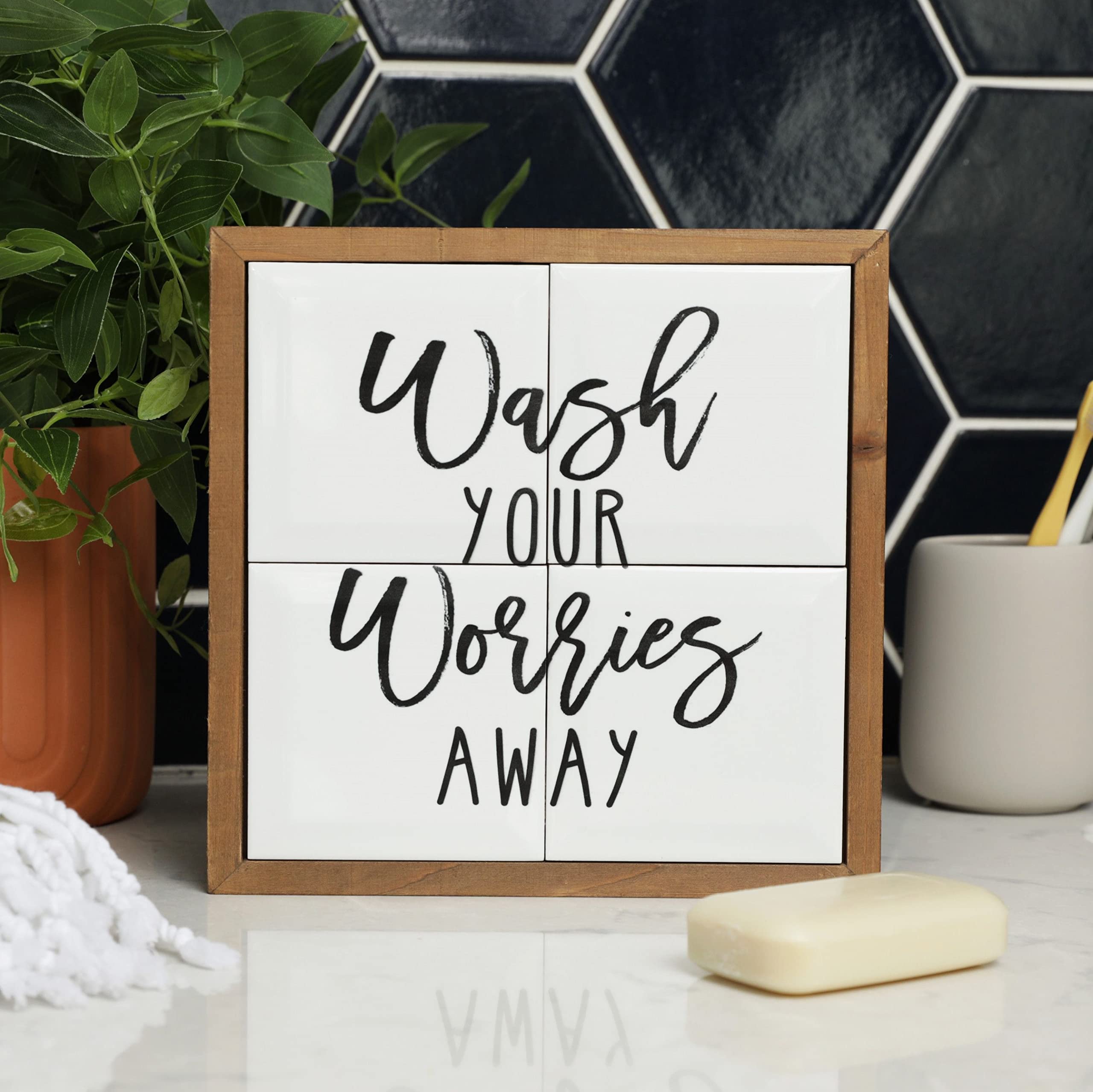 Ceramic-Look Bathroom Wall Art Set of 4 - Wood Framed Rustic Farmhouse Decor for Modern Bathrooms | Perfect for Spa-Like Retreats & Cozy Powder Rooms
