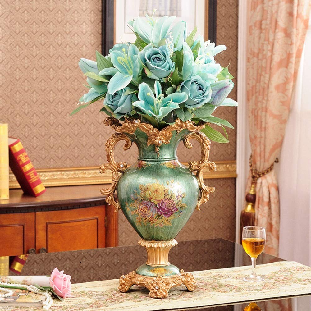 European-Style Retro Large Resin Flower Vase - Hand-Painted Tall Decorative Vase for Home & Office Decor (31cm×46cm, Green) | Perfect for Living Room Centerpiece, Dining Table, Bedroom & Hotel Decorations