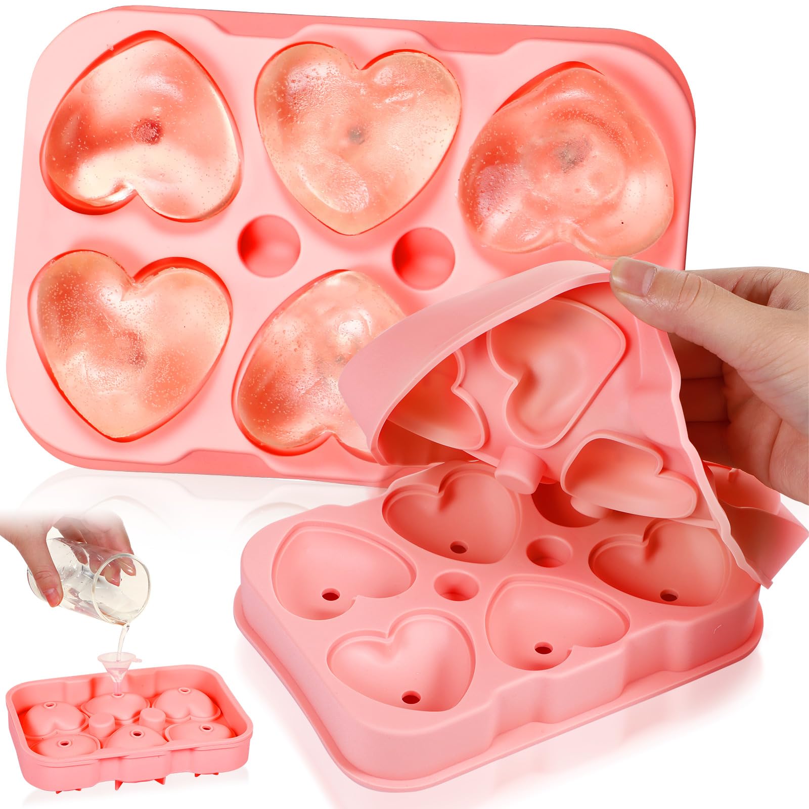 Domensi 2-Pack Large 3D Heart Ice Molds - Reusable Silicone Ice Cube Trays for Whiskey, Cocktails, Iced Coffee & Tea - Big Heart Shaped Ice Cubes for DIY Chocolate & Candy - Dishwasher Safe (Pink) - Perfect for Romantic Parties, Valentine's Day & Special Occasions