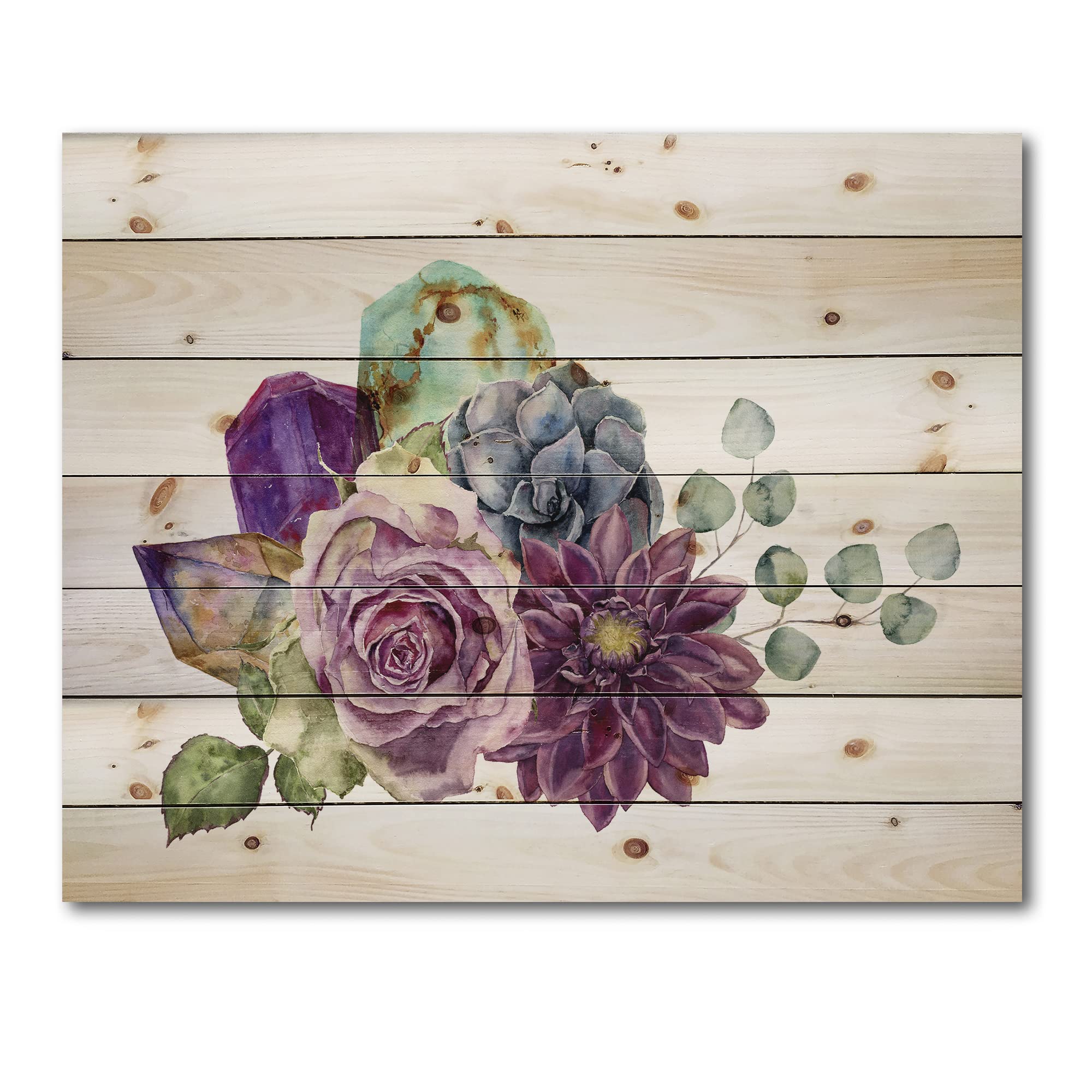 DesignQ Bouquet of Flowers with Succulents & Eucalyptus Wood Wall Art - Large Floral Pine Wood Wall Decor for Living Room, Bedroom, Office - Purple Traditional Wood Wall Panels Printed on Natural Pine