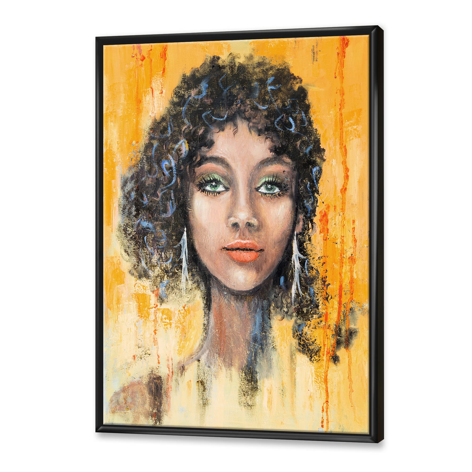 DesignQ Modern Framed Canvas Wall Art - Green Eyed Woman with Black Hair Portrait for Living Room, Bedroom & Office Decor