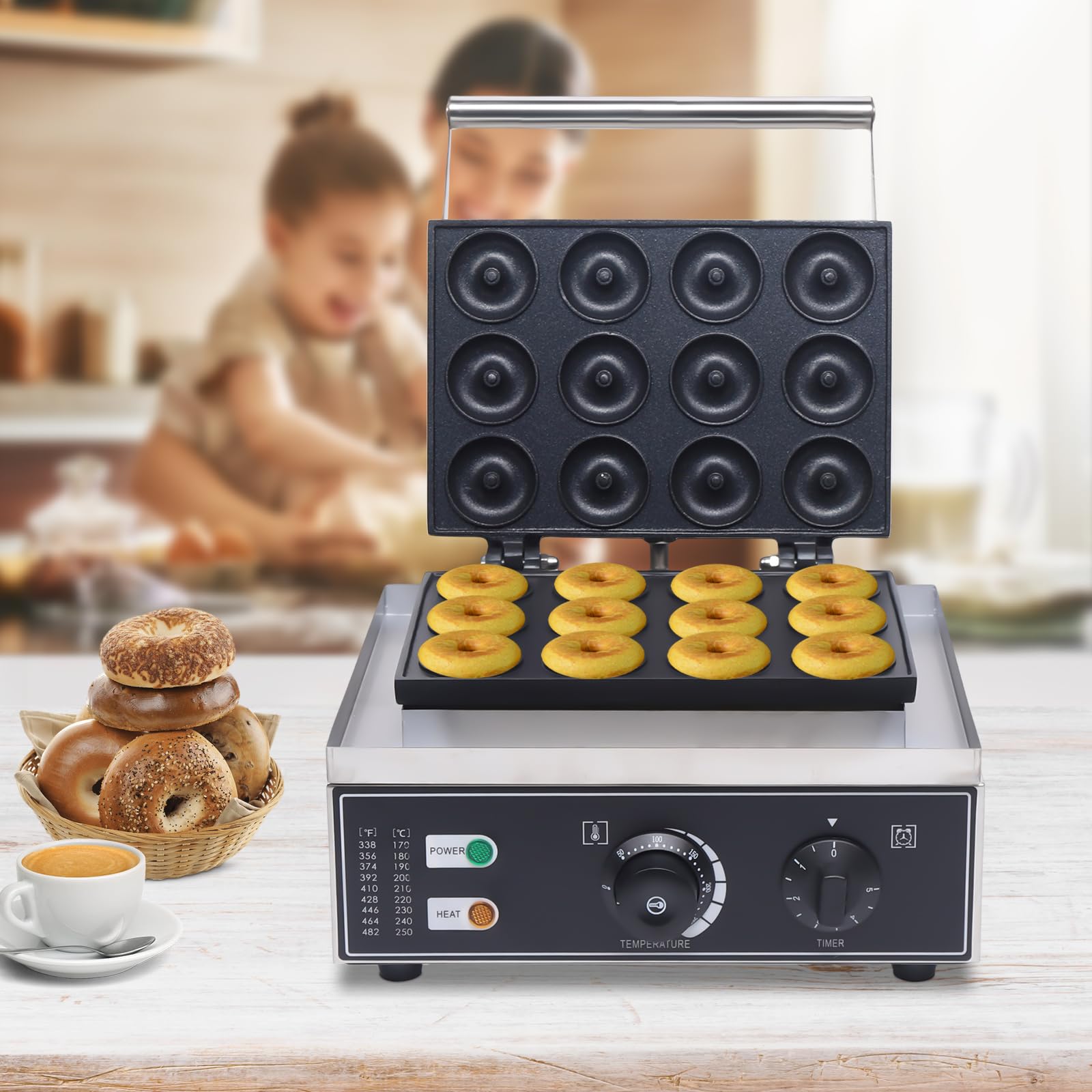 Commercial Donut Maker Machine - 12-Hole Electric Donut Baker with Non-Stick Coating, 110V 1550W (122-572°F) - Portable Doughnut Maker for Bakeries, Cafes & Home Use - Perfect for Breakfast, Parties & Catering Events