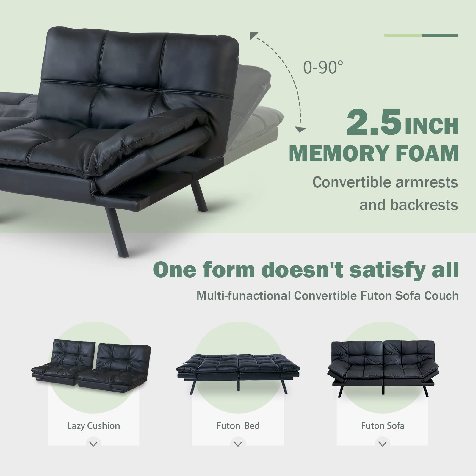 Hcore Convertible Futon Sofa Bed - Black Leather Memory Foam Loveseat Couch with Euro Lounger Design | Space-Saving Sleeper Sofa for Small Apartments, Dorms, Studios & Guest Rooms | Perfect for Compact Living Spaces, Home Offices & Multi-Functional Use