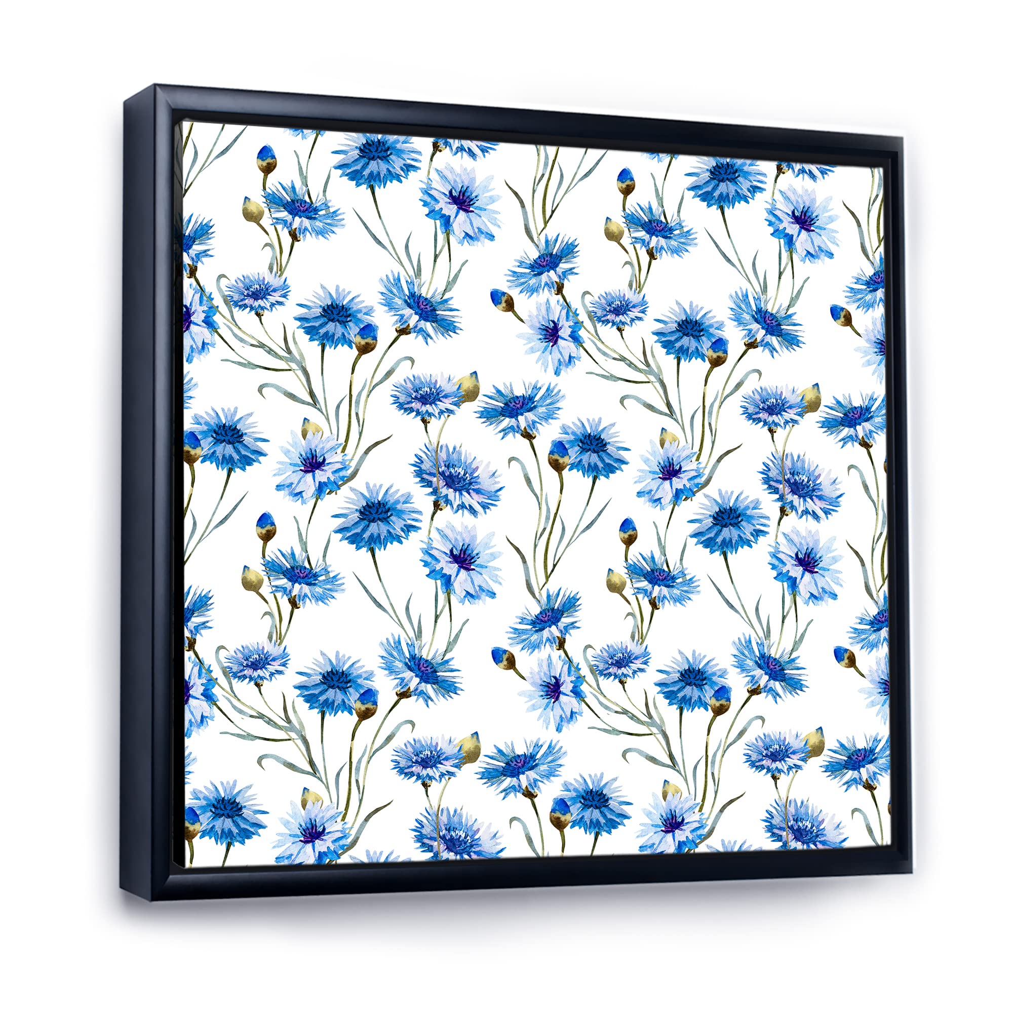 DesignQ Blue Cornflowers With Green Leaves II - Traditional Framed Canvas Wall Art Print for Home Decor, Living Room, Bedroom & Office