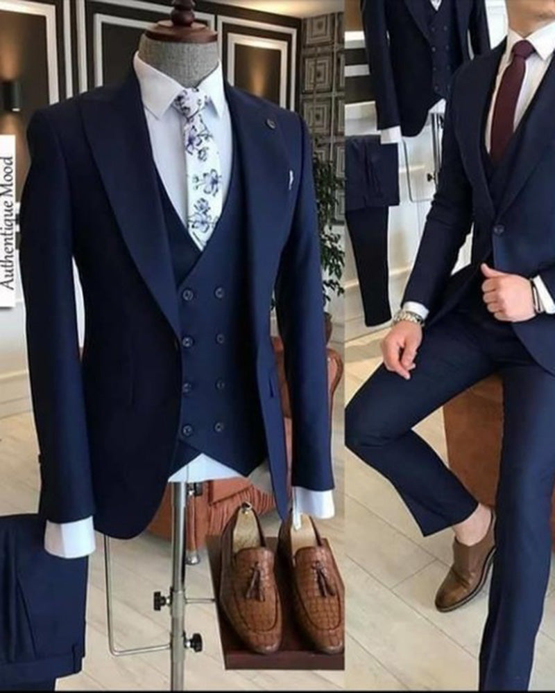 Premium Navy Blue Peak Lapel One Button 3-Piece Tuxedo Suit for Men - Wedding, Groomsmen & Formal Events (Jacket, Pants & Vest) | Elegant Evening Wear & Special Occasion Attire