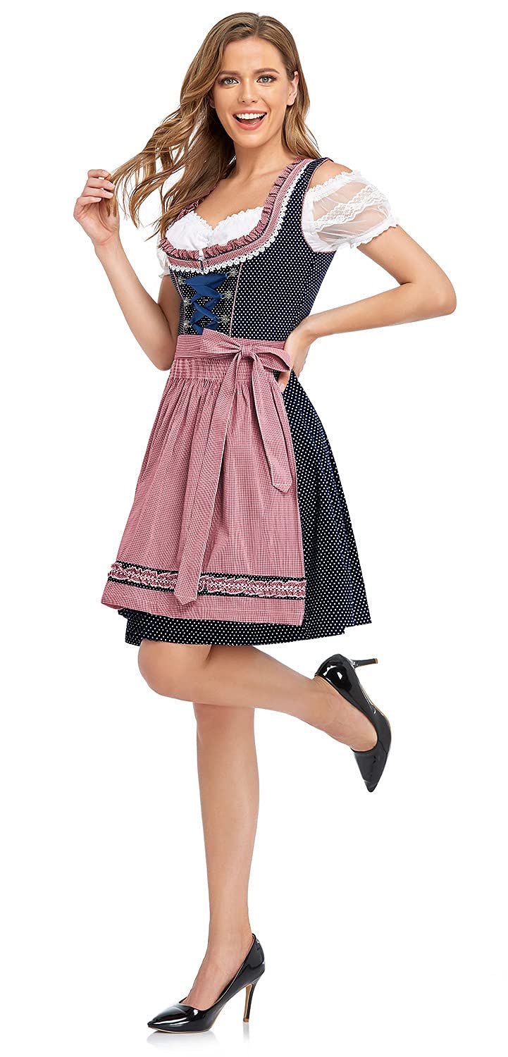 Authentic German Oktoberfest Costume for Women - 3-Piece Dirndl Dress Set with Bavarian Blue Dress, White Blouse & Pink Apron | Perfect for Oktoberfest Parties, Halloween & Cultural Events