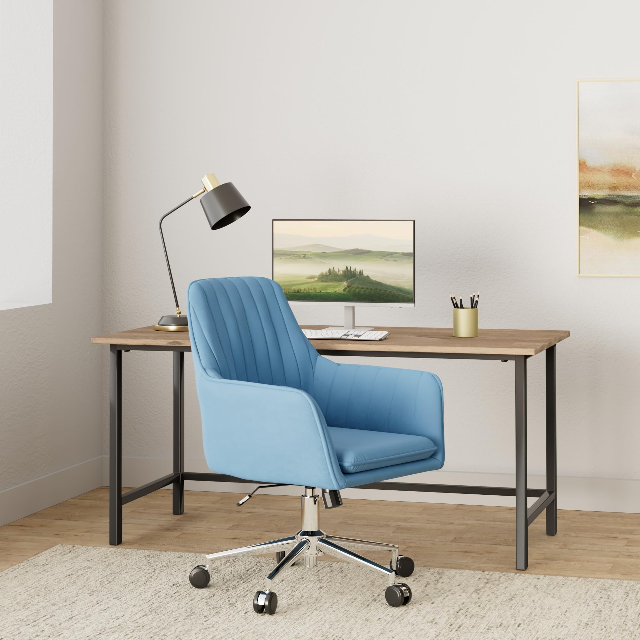 Jacky Home Velvet Office Desk Chair - Mid-Back Ergonomic Computer Chair with Adjustable Height, 360° Swivel & Wheels - Modern Upholstered Task Chair with Arms for Home Office, Study, Living Room & Bedroom (Blue) - Perfect for Remote Work, Gaming & Relaxation
