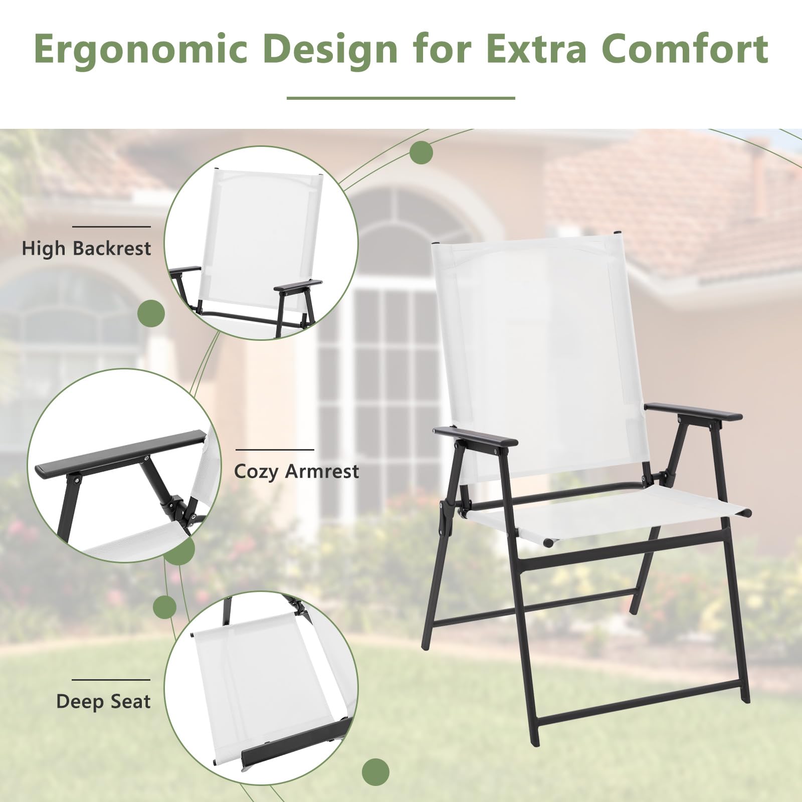 Giantex 4-Pack Folding Patio Chairs - Rustproof Metal Frame Outdoor Lawn Chairs for Porch, Deck, Garden, Backyard & Camping - Portable Dining Chairs (White) | Perfect for BBQs, Picnics, Poolside Relaxation & Outdoor Events