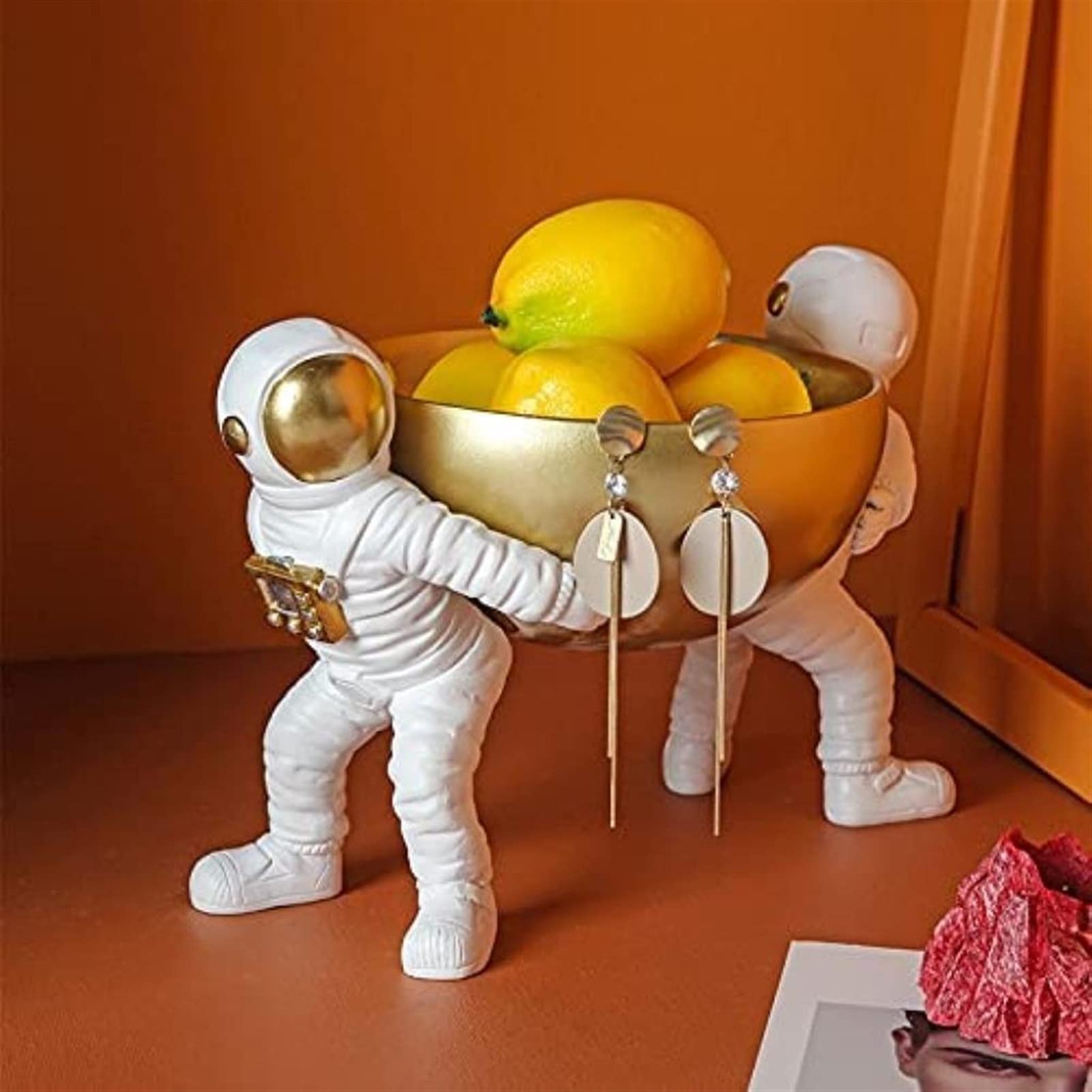 HongLianRiven Astronaut Sculpture - Premium Resin Spaceman Figurine for Home Decor, Key Storage Box & Snack Tray | Unique Gold Astronaut Statue for Living Room, Office Desk & Gift Giving