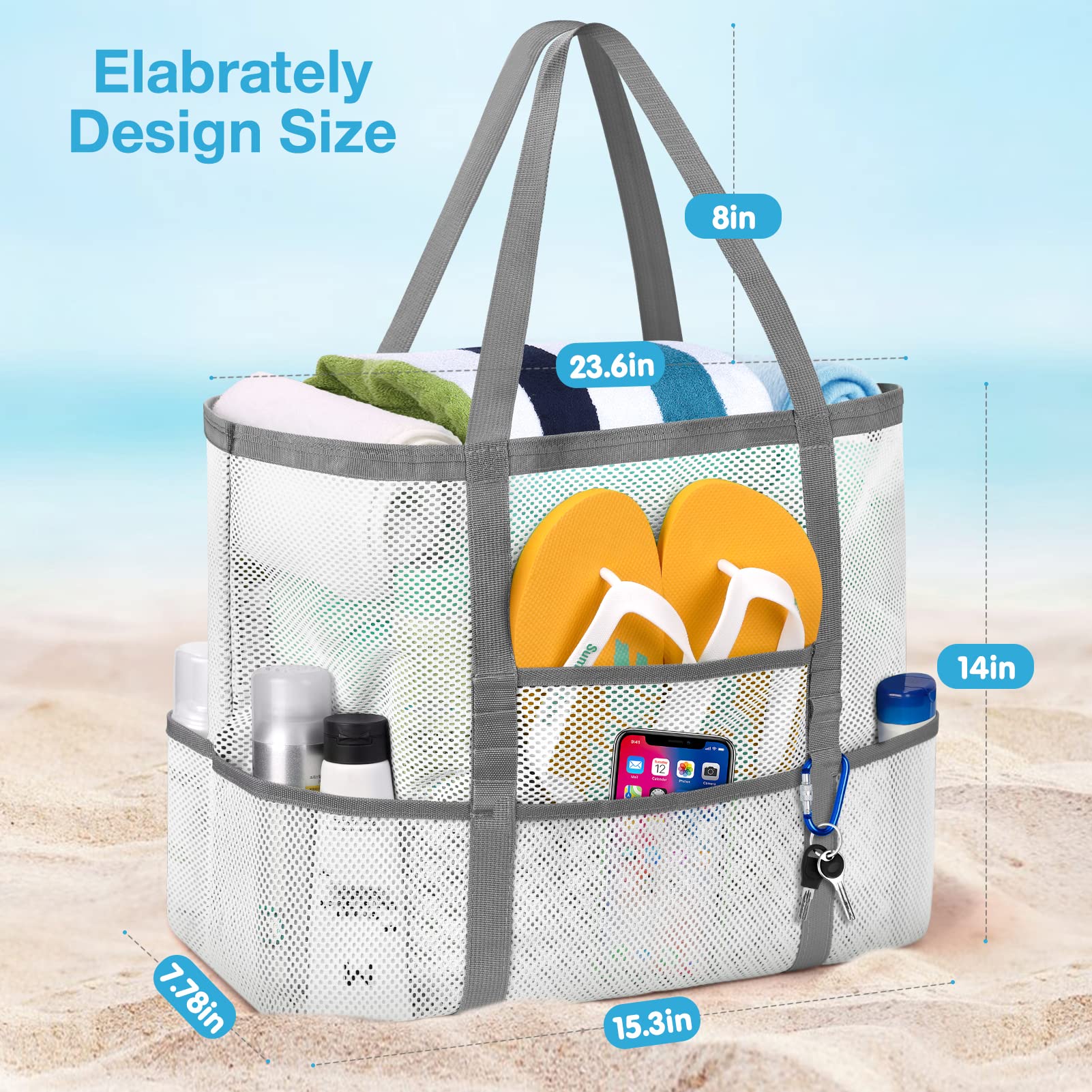 KPX Large Mesh Beach Tote Bag for Women - Foldable Waterproof & Sandproof Pool Bag with Mini Pockets | Perfect for Swimming, Travel, and Summer Outings