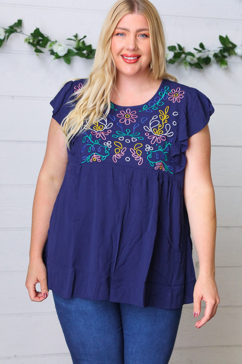 Navy Blue Floral Embroidered Flutter Sleeve Blouse for Women - Elegant Boho Chic Tunic Top for Casual Wear, Date Night & Summer Outfits