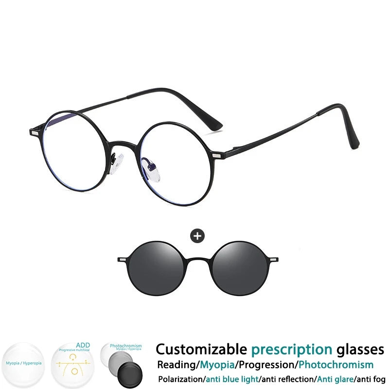 CCspace Women's Full Rim Round Alloy Eyeglasses with Clip-On Sunglasses - Stylish & Lightweight Frame for Reading, Driving, and Outdoor Activities (Model 302147)
