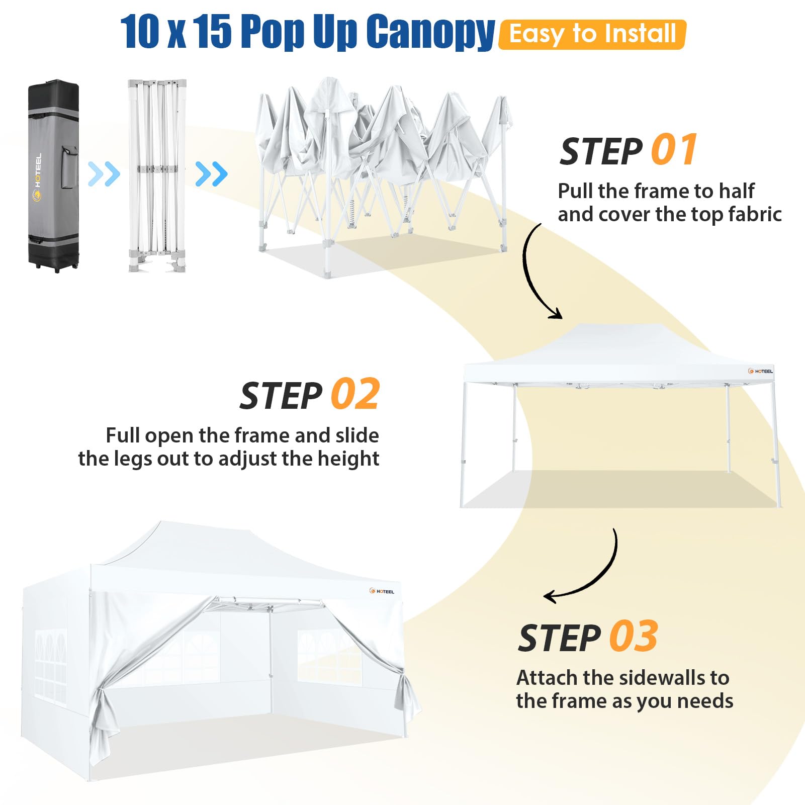 HOTEEL 10x15 Heavy Duty Pop Up Canopy Tent with 4 Sidewalls - Easy Setup Hexagonal Frame Commercial Gazebo for Outdoor Events, Weddings & Parties - Includes Roller Bag & Sand Bags (White) - Perfect for Backyard Gatherings, Farmers Markets & Beach Outings