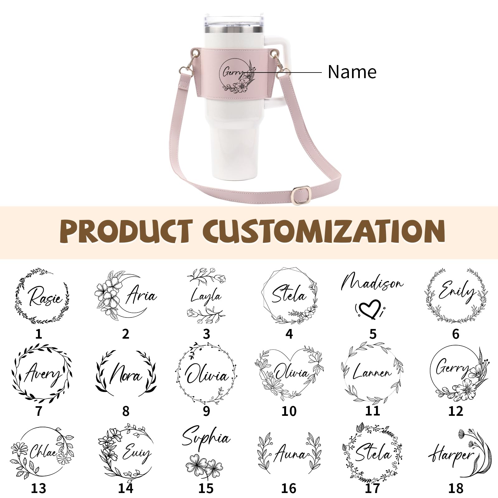 **Personalized Name Water Bottle Holder - Adjustable Strap Leather Cup Carrier Bag - Custom Gifts for Women, Gym, Hiking & Travel**