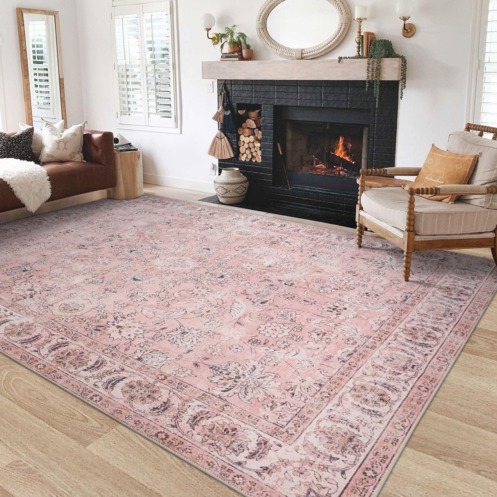 5'×7' Washable Boho Oriental Area Rug - Non-Slip Vintage Floral Carpet with Low Pile | Non-Shedding Traditional Design for Living Room, Bedroom & Office | Retro Pink Home Decor | Perfect for Bohemian, Farmhouse & Mid-Century Modern Interiors