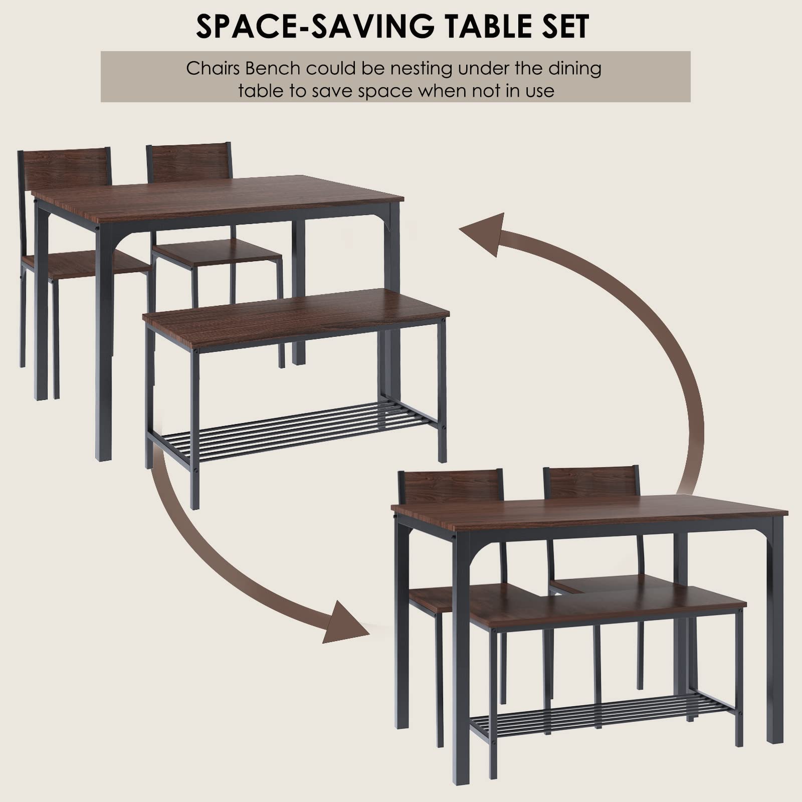 SogesHome 4-Piece Kitchen Dining Table Set with 2 Chairs & Bench - Compact Space-Saving Design for Small Apartments, Living Rooms, Restaurants - Dark Walnut Finish | Perfect for Breakfast Nooks, Studio Apartments & Cozy Dining Areas